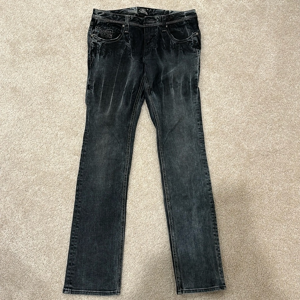 Marble washed dark denim straight leg jeans